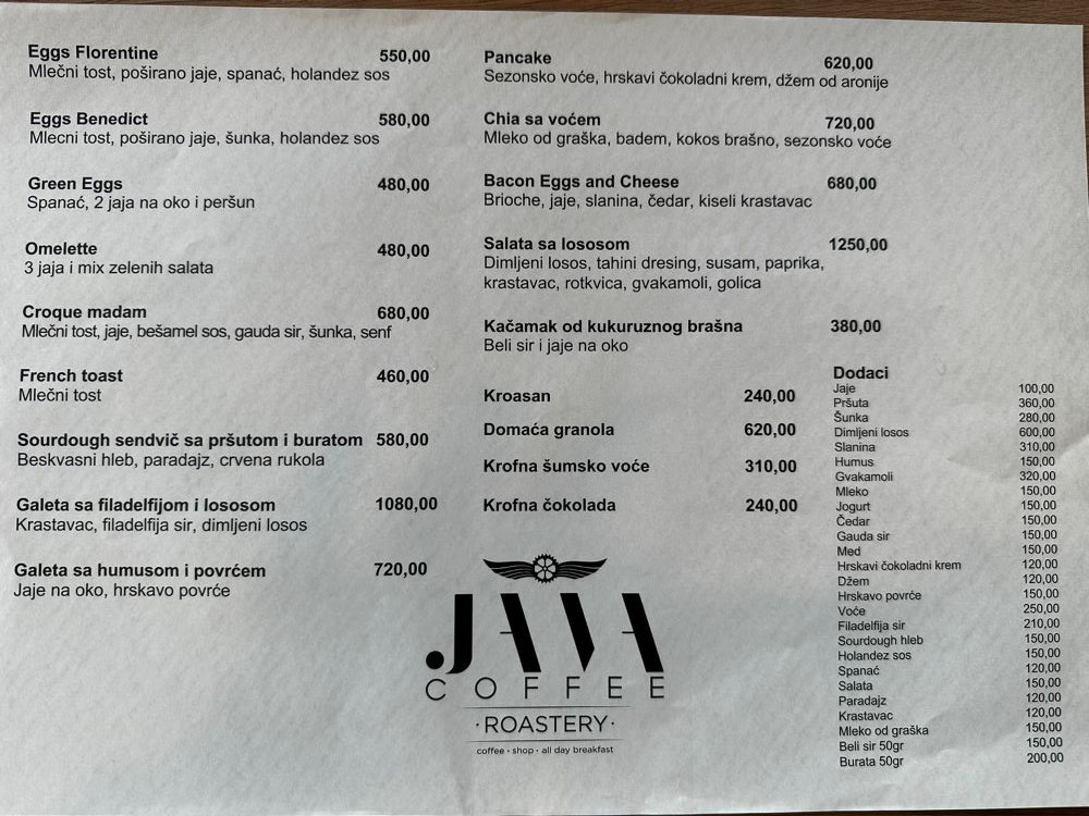 Java Coffee Roastery Beograd Cenovnik, Cene pića, Cene hrane